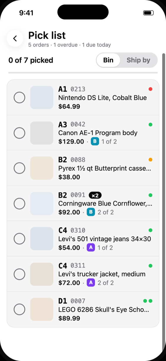 Pick list sorted by bin, with item photos and checkboxes